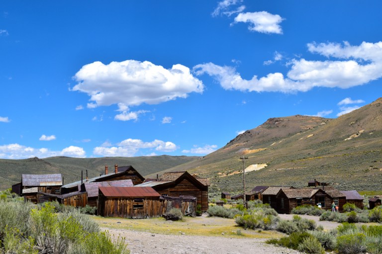 Bodie CA houses and blue sky.